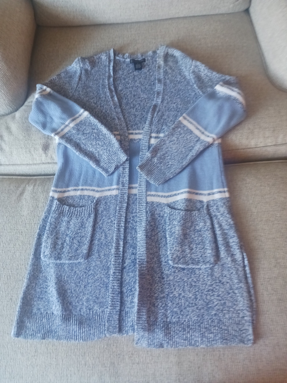 Open-Front Light Blue Knit Cardigan with Stripe Detail